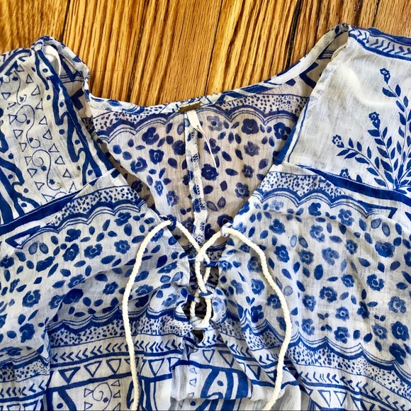 Free People Boho Blue and White Top w Tassel Ties - Picture 3 of 8